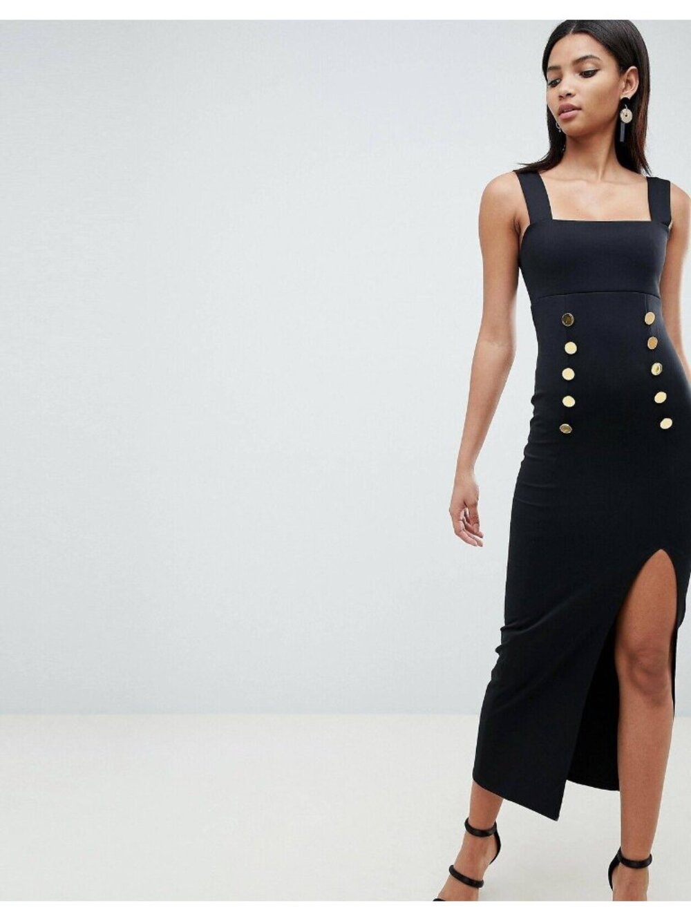 ASOS DESIGN Square Neck Scuba Midi Dress Fitted Bodycon NEW Black M 6 Button